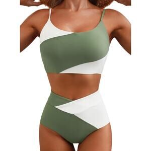 Herseas Womens Two Piece High Waisted Bikini Set Color Block Swimsuit XL